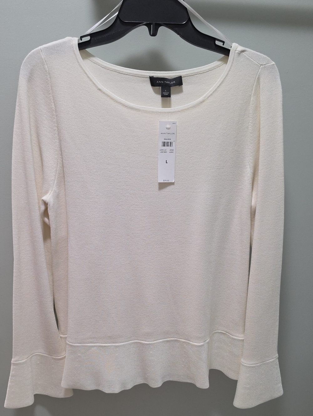 Ann Taylor Cream Scoop Neck Long Sleeve Top with Flared Hem, Size Large